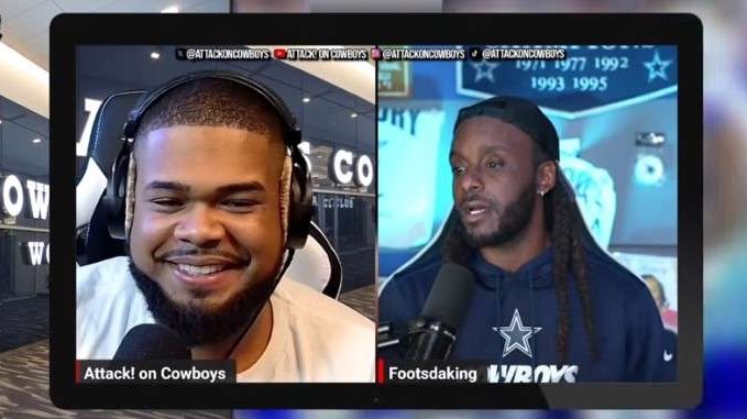 Dallas Cowboys trade rumors concept image with two football players.