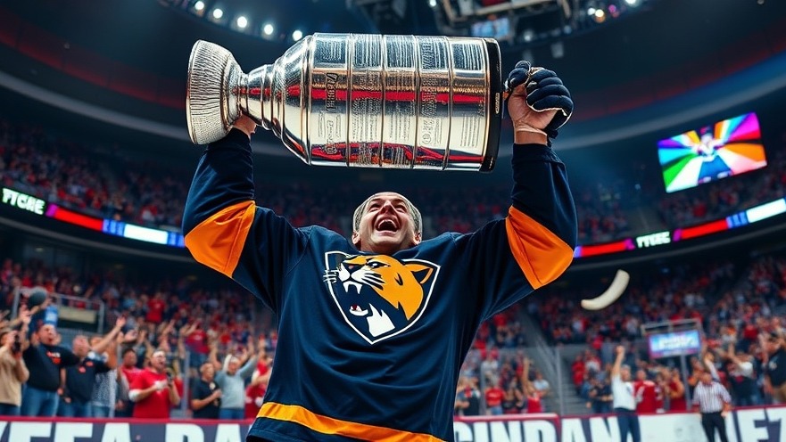 Florida Panthers player celebrates NHL playoffs victory with Stanley Cup, vibrant arena.