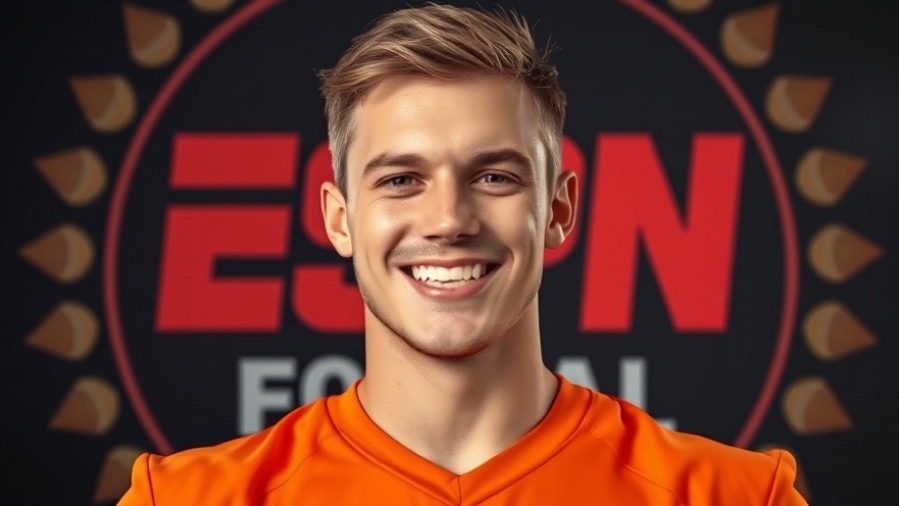 Confident young athlete in orange jersey, capturing SEC dominance in Georgia vs Texas rivalry.