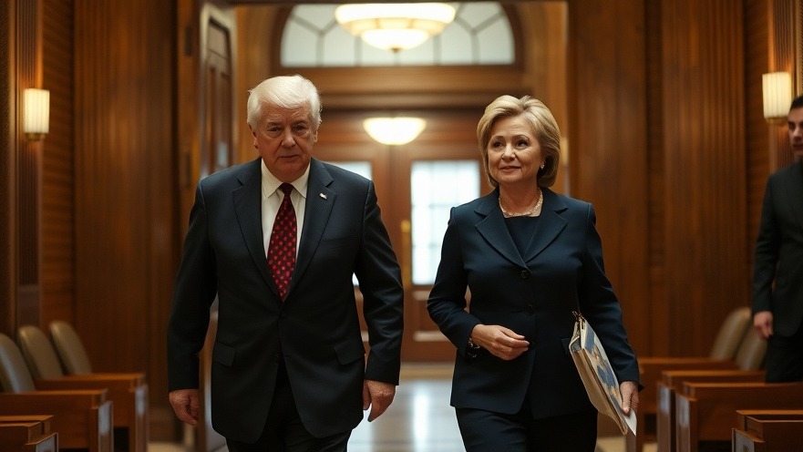 Bill and Hillary Clinton entering courtroom, highlighting national political news.