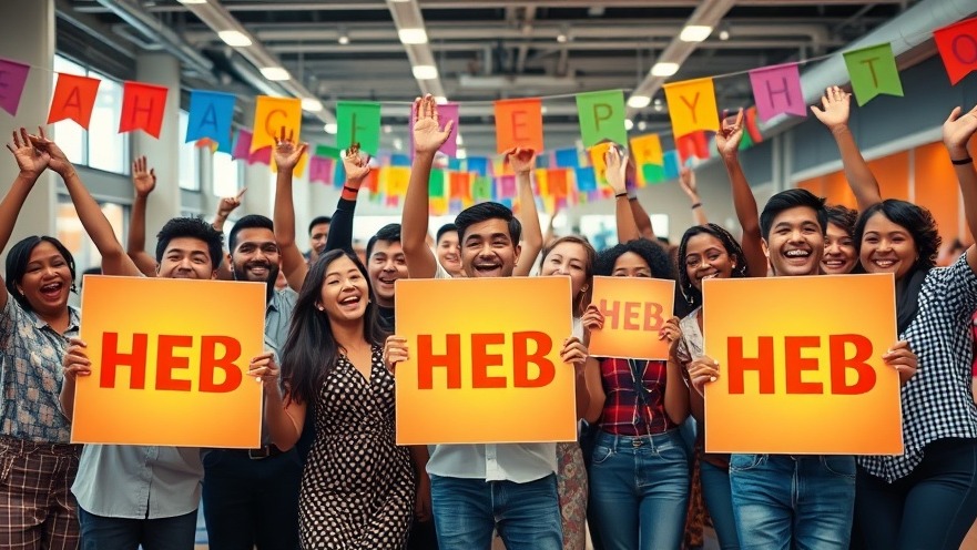 Diverse entrepreneurs in Houston celebrating local business support with colorful H-E-B signs.