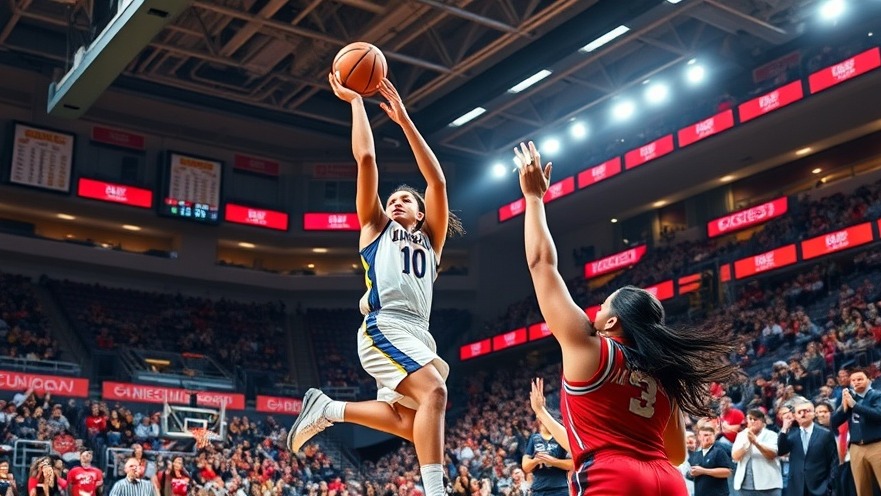 Intense women's basketball moment, player shooting 3-pointer amidst vibrant NBA highlights.