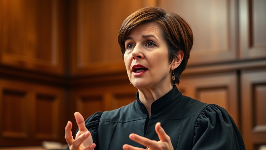 Passionate judge speaking on civil rights in a lifelike courtroom setting.