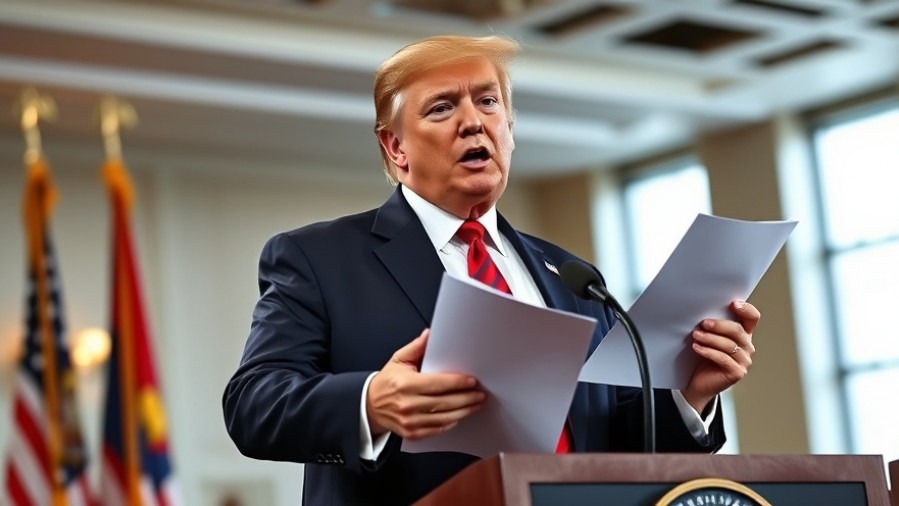 Trump holding documents, gesturing confidently in the latest breaking news today.