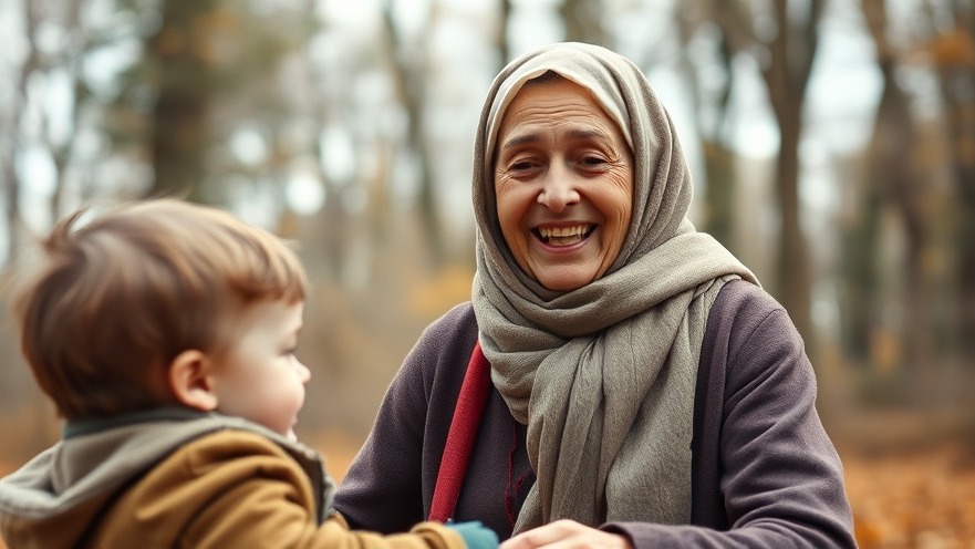 Elderly Muslim woman enjoying holistic wellness outdoors, playing with child.