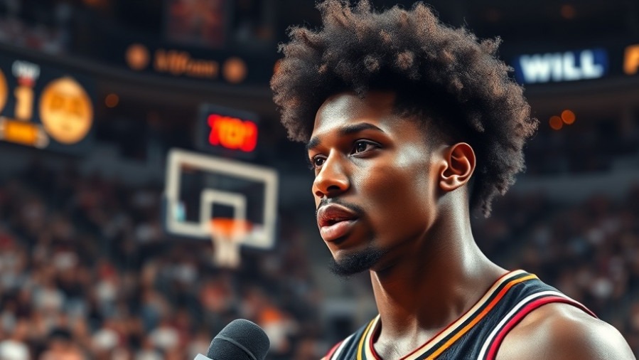 Focused young black male athlete interviews during a vibrant basketball competition.