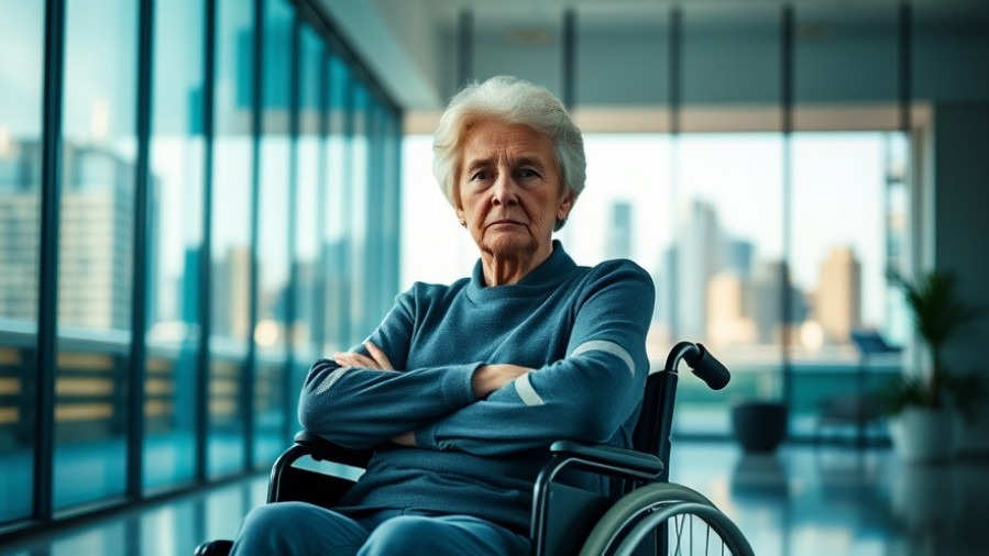 Contemplative older woman in a wheelchair defying aging and disability in a vibrant indoor setting.