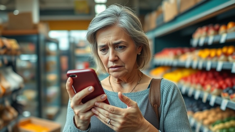 Worried woman on video call in grocery store, exploring government shutdown impact on rural Texas food aid.