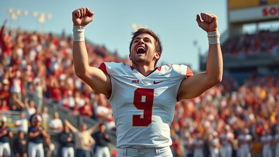 Excited male college football player celebrating in vibrant stadium, spotlighting ACC football standings.