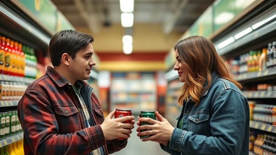 Young couple in grocery store evaluating prices amidst America's affordability crisis.