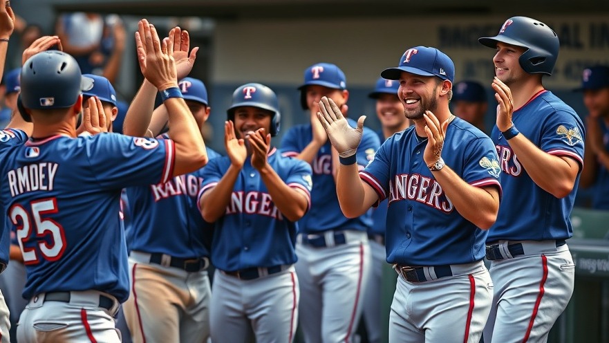 Major League Baseball players in Rangers uniforms celebrating dynamic pitching mechanics.