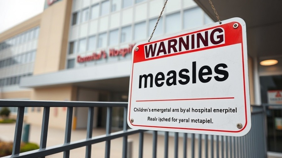 Caution 'Warning - Measles' sign at children's hospital highlighting vaccine skepticism and public health response.