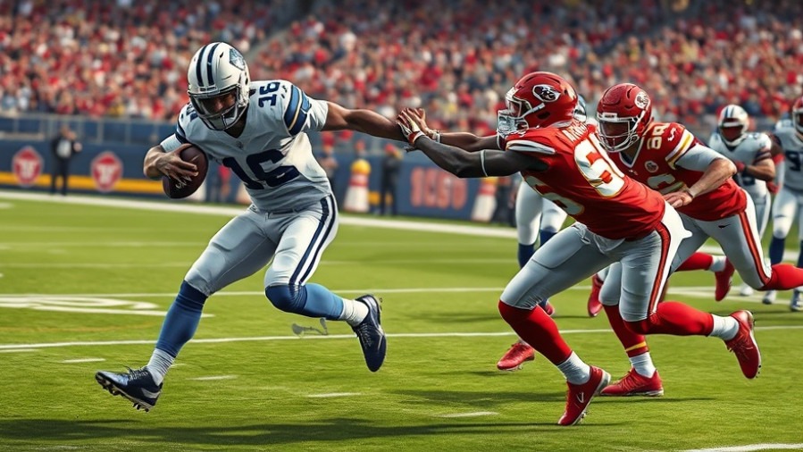 Intense Thanksgiving football action featuring Dak Prescott tackling a Chiefs player, vibrant colors.