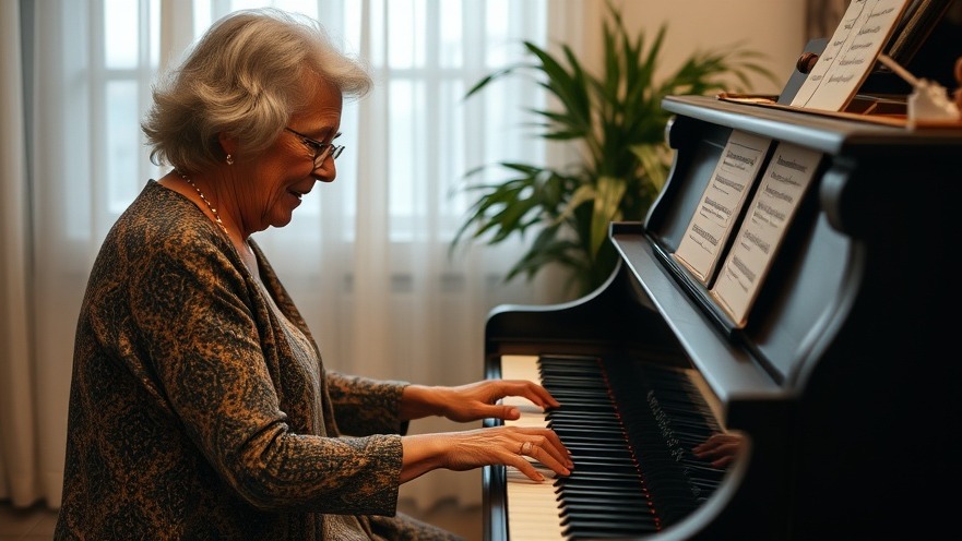 Older woman playing piano, embracing daily wellness routines for mental health support.
