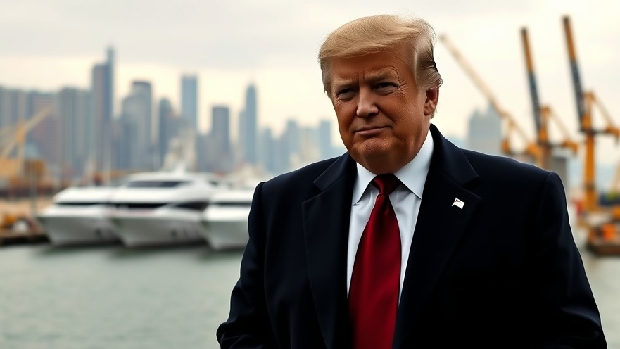 Trump smirking before a harbor, reflecting on Iran Naval Blockade and US-Iran Relations.