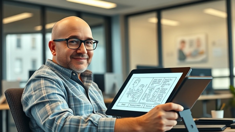 Bald man illustrates Dilbert legacy comic in a modern office setting.