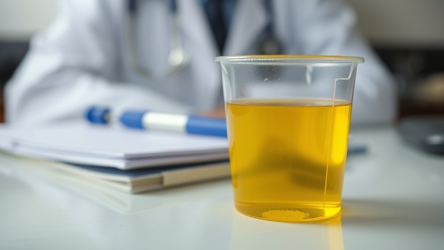 Modern wellness habits: specimen cup with yellow urine on doctor's desk.