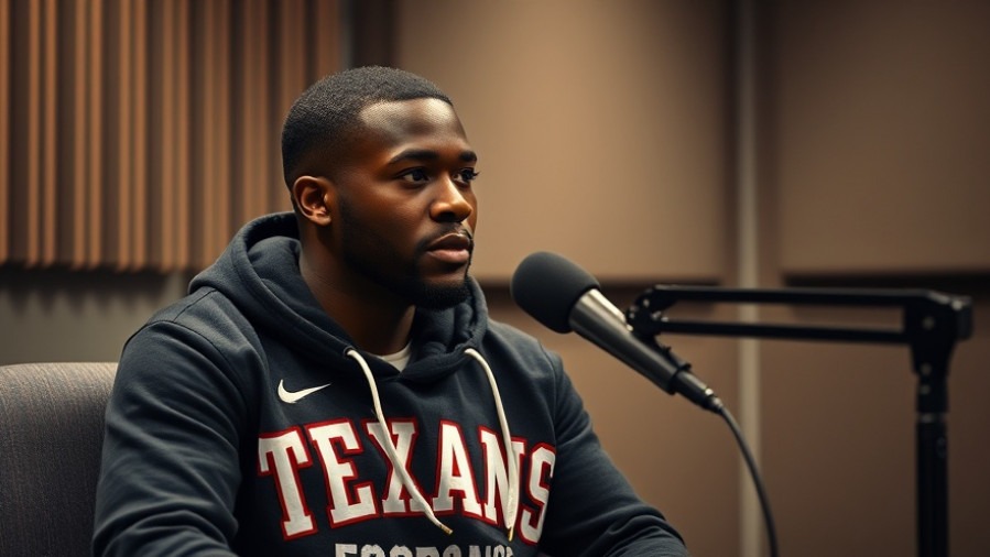 Young black man in TEXANS hoodie discussing mental health in sports.
