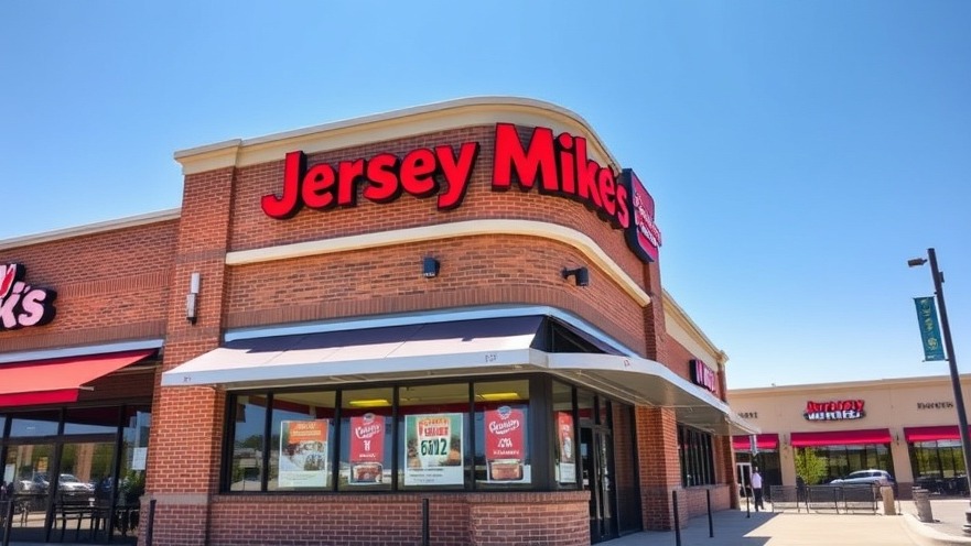Jersey Mike's subs exterior with vibrant signage in sunny Leander shopping center.