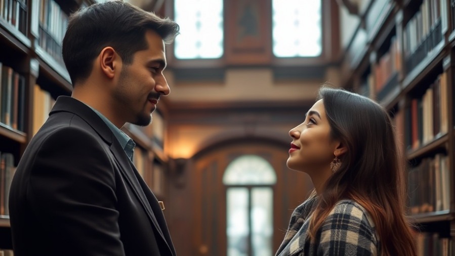 A man and woman sharing emotional intimacy in a library, exploring literary connections.