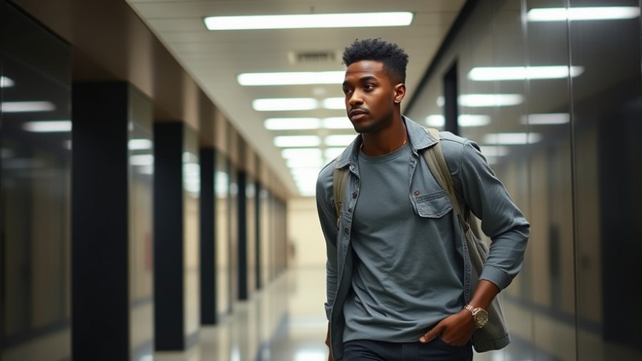 Young black man in casual wear walks confidently in a modern hallway, embodying basketball strategy and player dynamics.