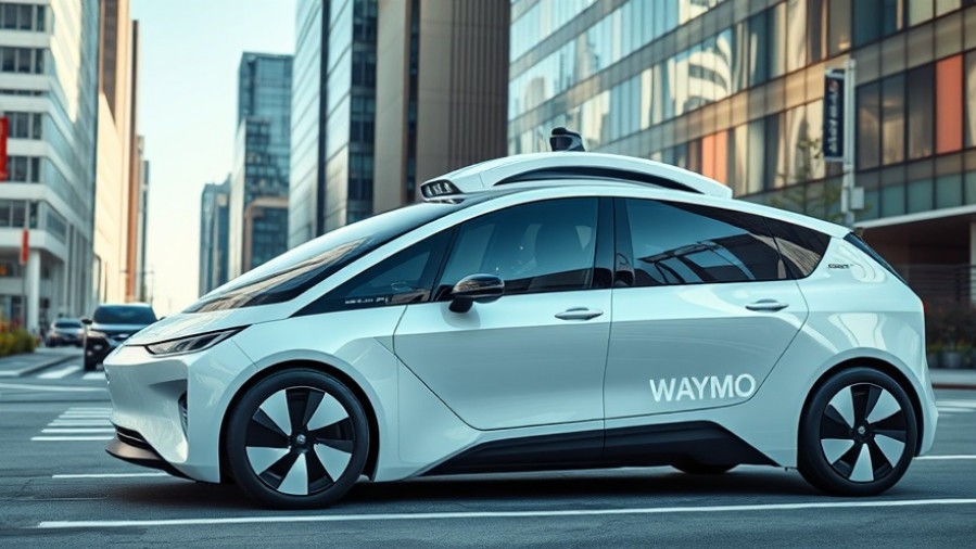 Futuristic Waymo driverless car in urban setting, showcasing AI advancements 2025.