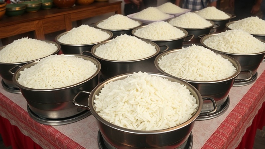 Large pots of rice for community service holiday meals, ensuring food safety regulations.