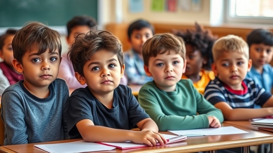 Diverse group of sad children in classroom reflecting California education crisis.