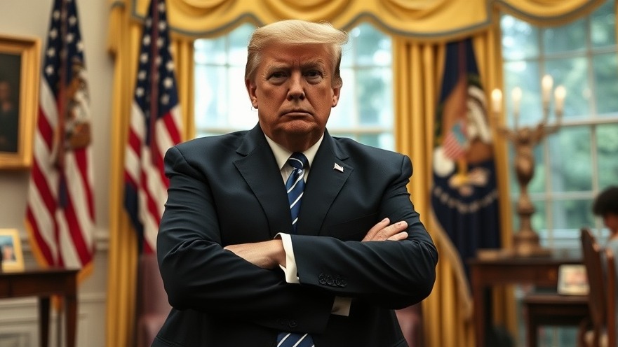 Trump looking stern with arms crossed in Oval Office, reflecting current U.S. news articles.