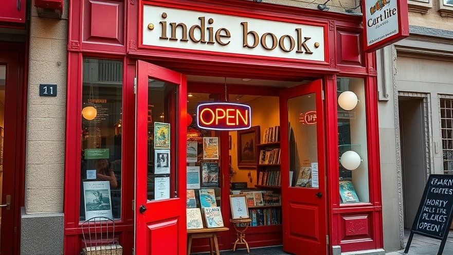 Charming Deep Vellum Bookstore entrance with red doors, showcasing local books.