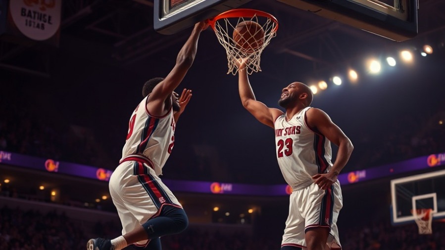 Dramatic NBA game analysis scene with players celebrating a slam dunk.