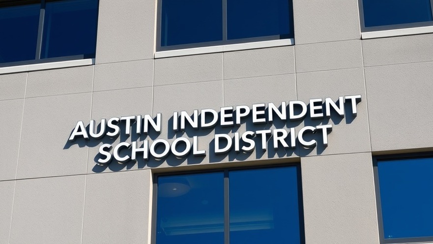 Austin Independent School District sign on modern building with blue sky, reflecting AISD budget cuts.