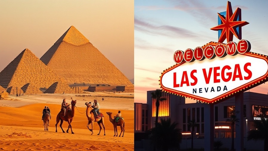 Dramatic split image of Egyptian pyramids and Las Vegas neon sign showcasing student literacy.