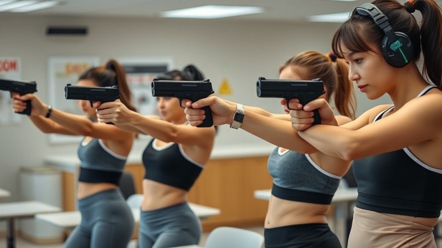 Confident women practicing gun safety for women in a Pilates and self-defense class.