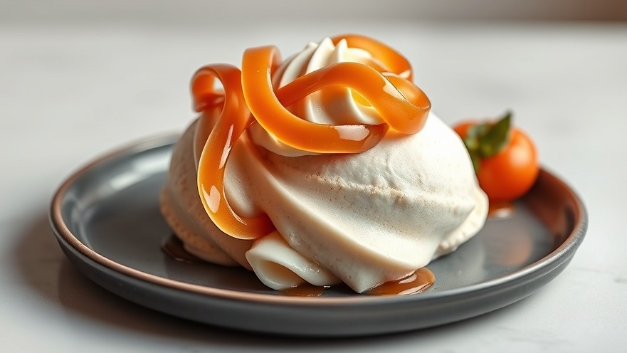 Elegant culinary sculpture showcasing unique ice cream flavors with caramel ribbons.