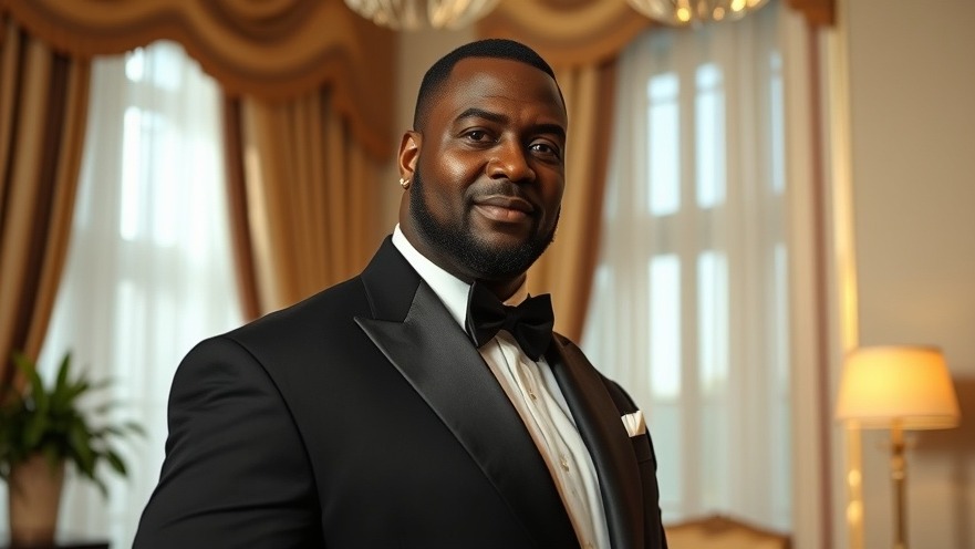 Confident man in tuxedo, symbolizing NFL draft rumors ahead of Super Bowl 2025.