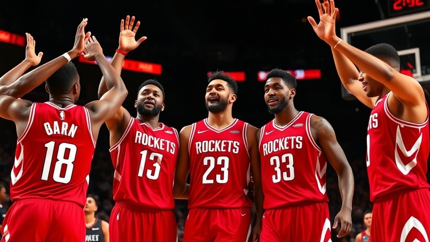 Houston Rockets players in red uniforms celebrating during game highlights.
