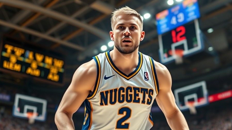 Nikola Jokić achieving a triple-double on the court, showcasing Denver Nuggets basketball excellence.