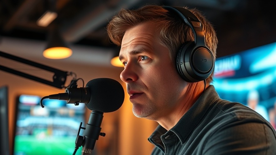 Mature broadcaster sharing SEC football news in a dynamic studio with warm lighting.