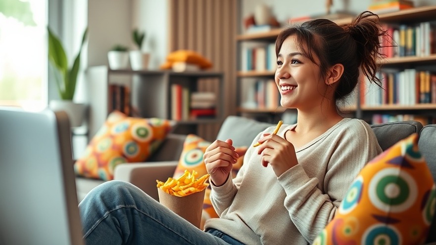 Young woman enjoying fries in a cozy living room, embracing balanced living during her menstrual cycle.