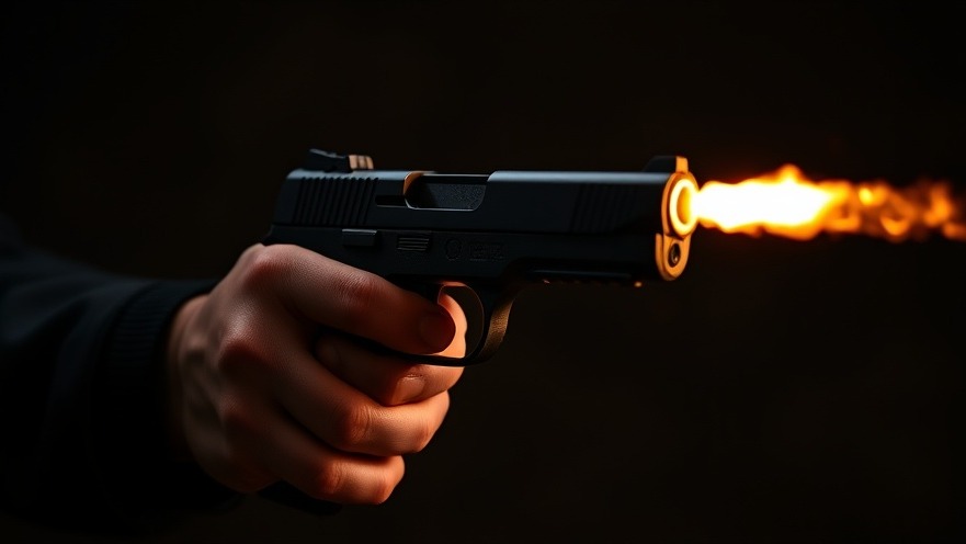 Black hand holding pistol with muzzle flash, highlighting austin crime reports.