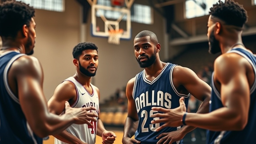 Dynamic basketball players strategizing on court, with one in a Dallas jersey.