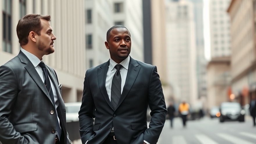 Three men in formal attire discuss journalistic integrity in an urban setting.