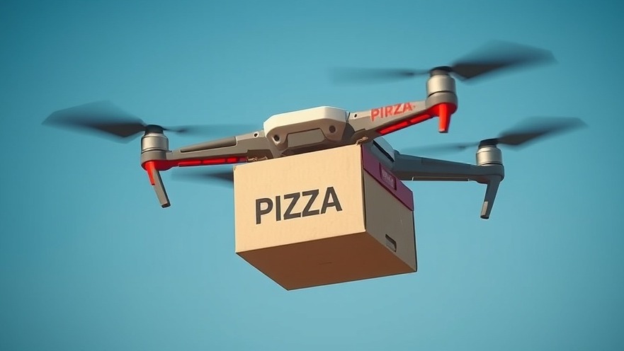 Aerial view of a drone delivering pizza showcasing technology in food delivery.