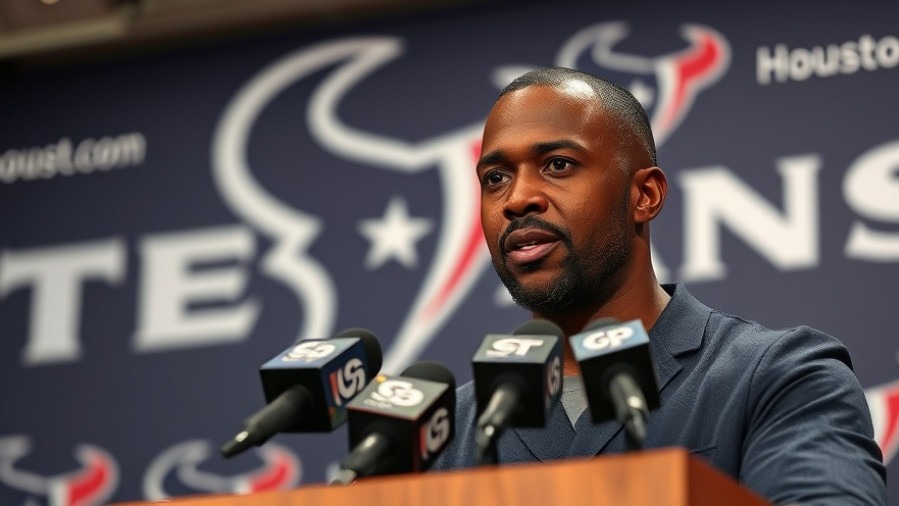 Serious black man at press conference discussing player safety in NFL with Texans logo.