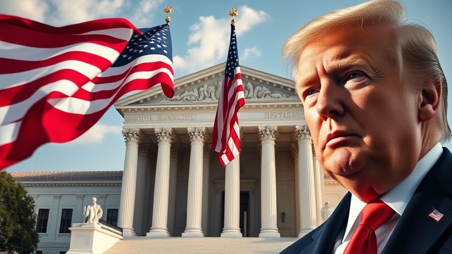 Supreme Court with American flag and serious Trump, capturing breaking political news.