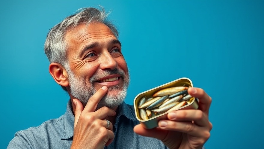Mature man enjoying natural sleep remedies for older adults, smiling with sardines.