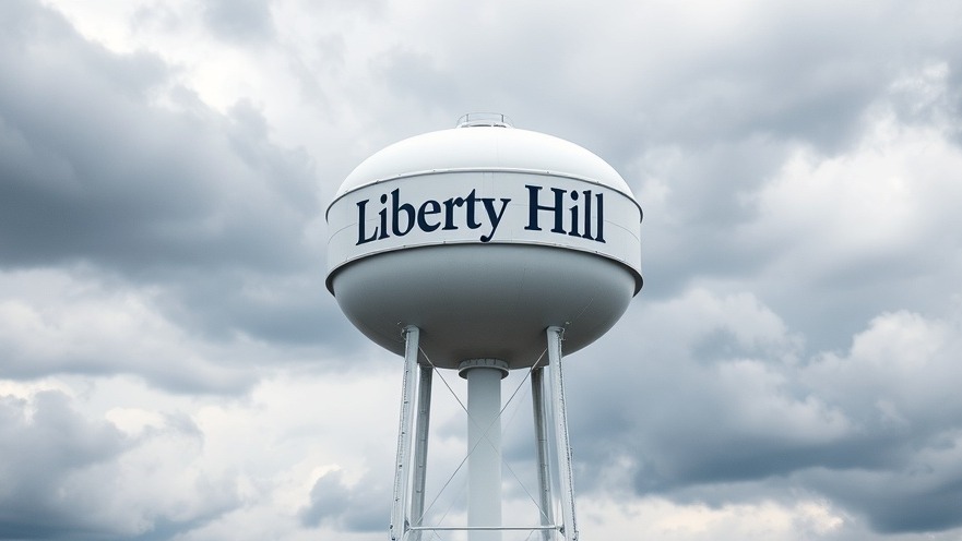 Liberty Hill water tower against a cloudy sky, symbolizing downtown revitalization.