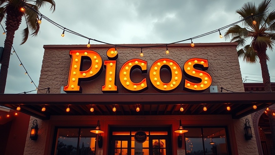 Entrance of Picos restaurant in Houston, showcasing local dining charm with warm lights.