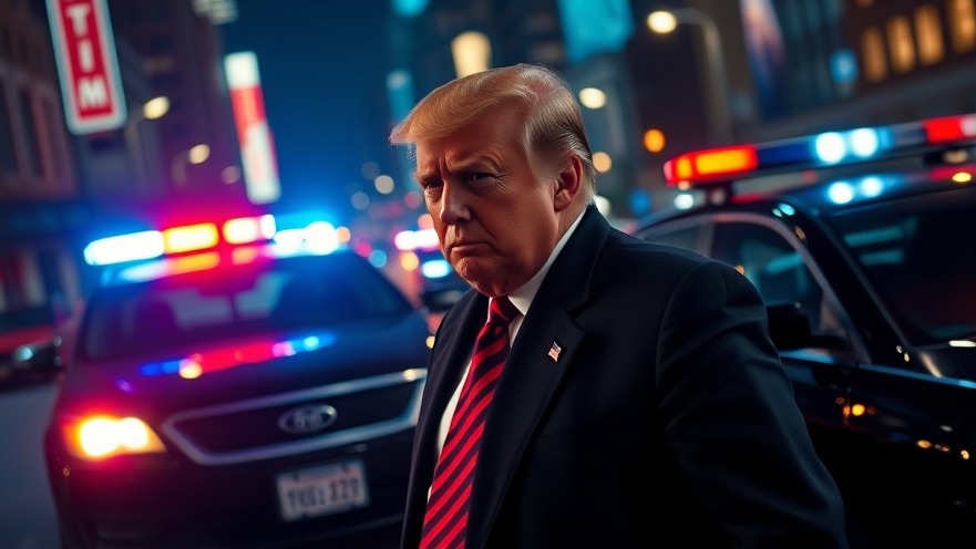 Cinematic night scene of Trump with police cars and sirens in rich contrast.